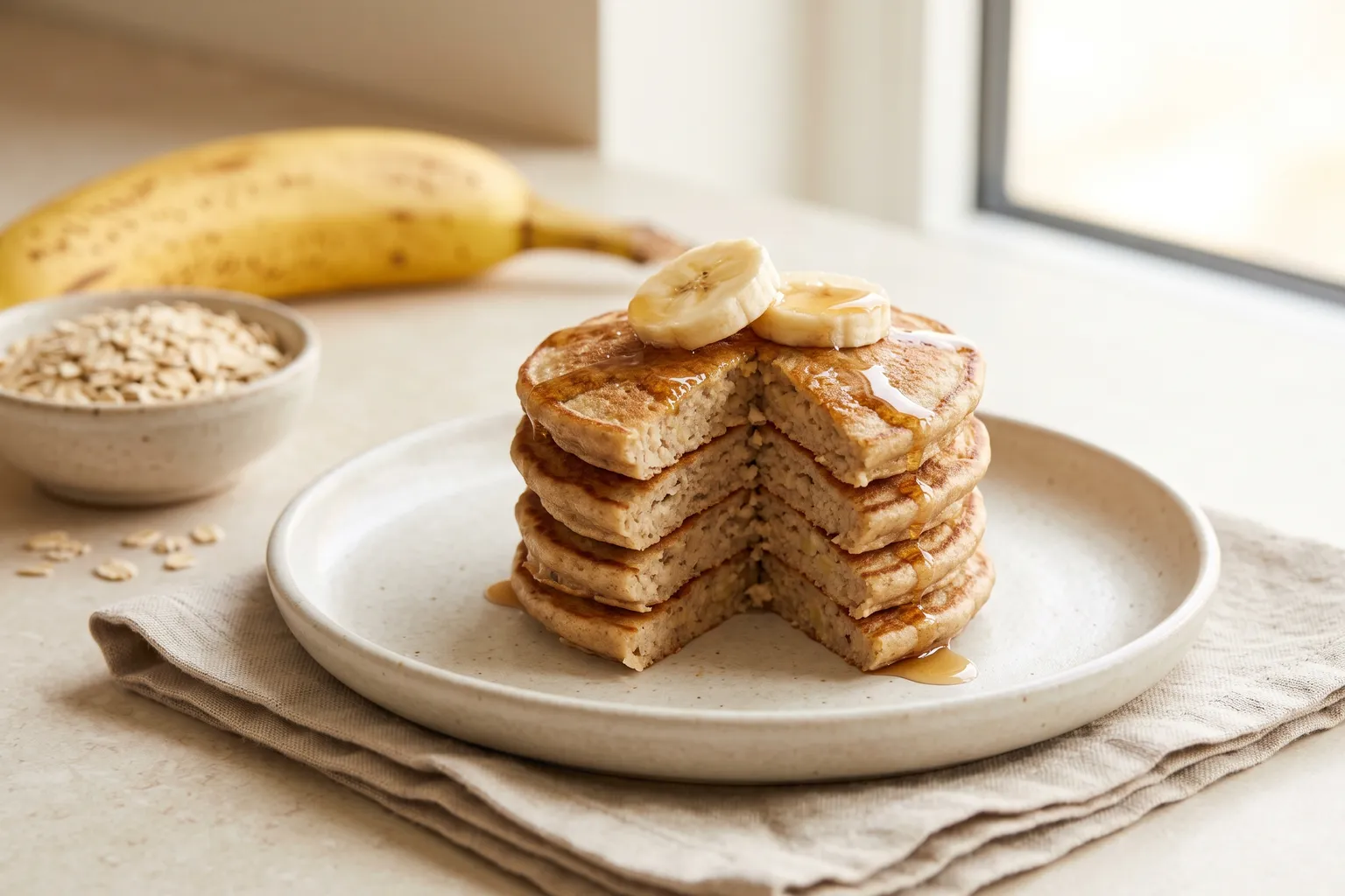 Stak bløde bananpandekager uden æg med bananskiver og sirup på toppen, skåret igennem, en banan og havregryn bagved