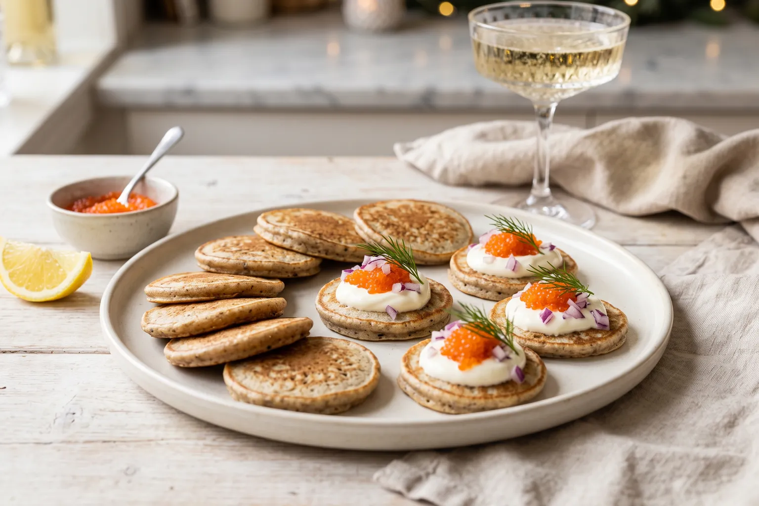 Hjemmelavede blinis af boghvede på et fad, nogle med creme fraiche, orange rogn, rødløg og dild, citronbåd og et glas bobler bagved