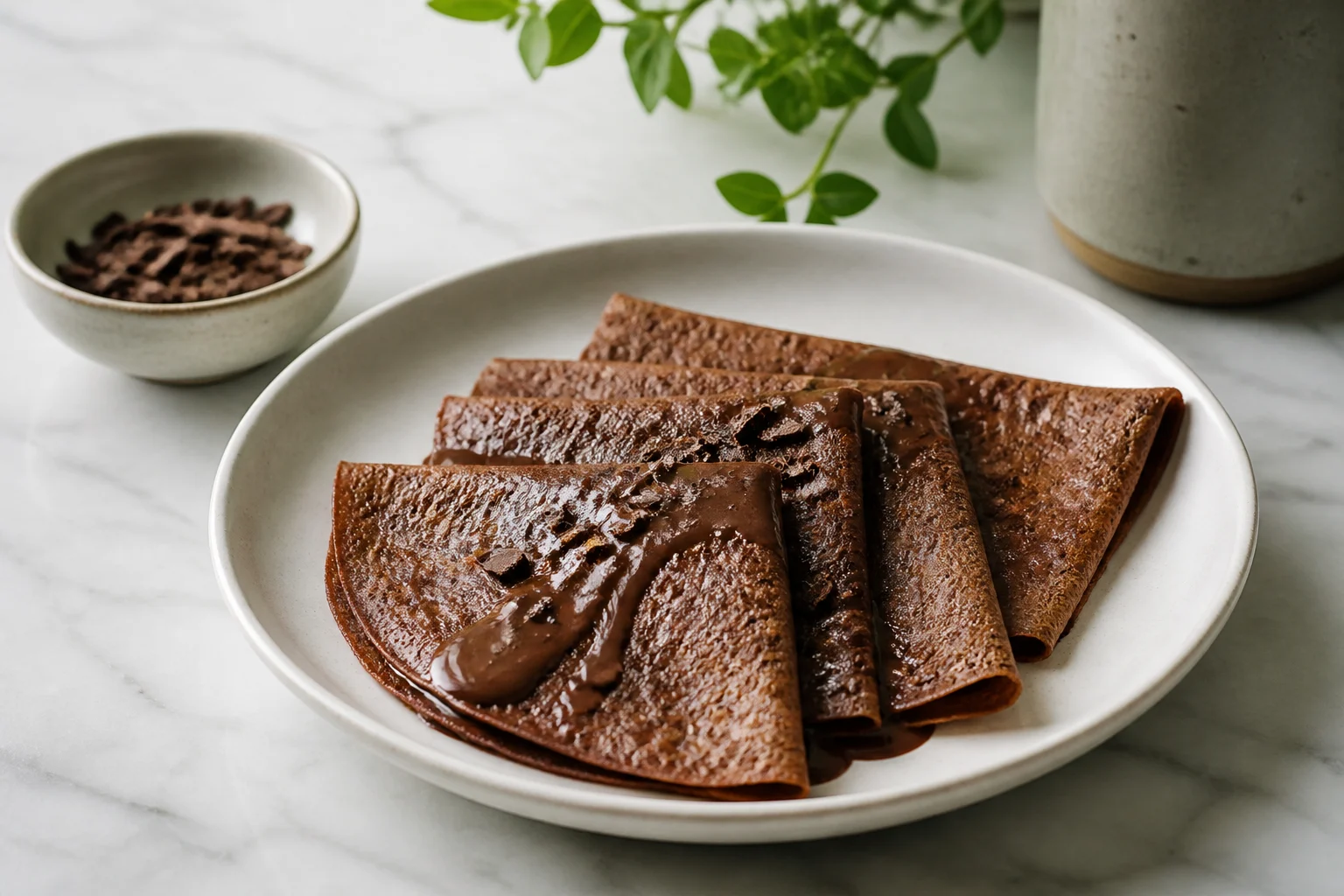 Foldede brune chokoladepandekager med chokoladesauce