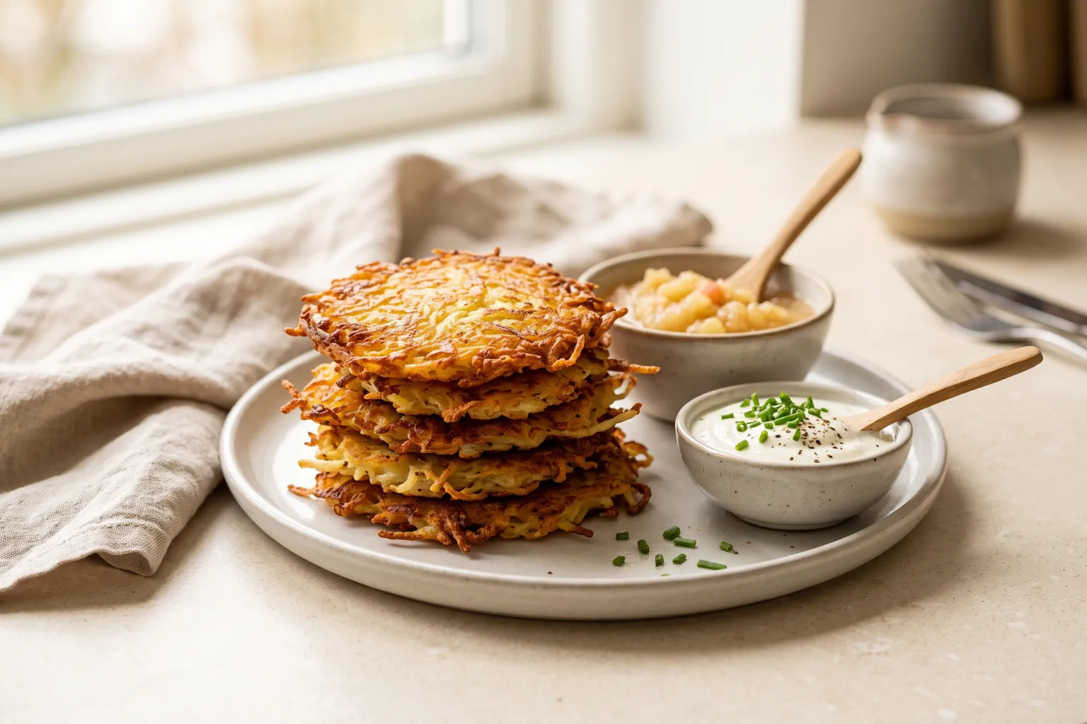Stak sprøde, gyldne kartoffelpandekager med synlige kartoffelstrimler, æblemos og creme fraiche med purløg ved siden af